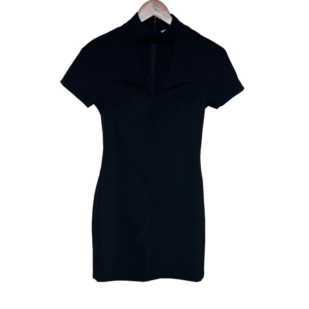 & Other Stories Black Mini Dress Mock Neck Cut Out Short Sleeve Bodycon Luxury‎